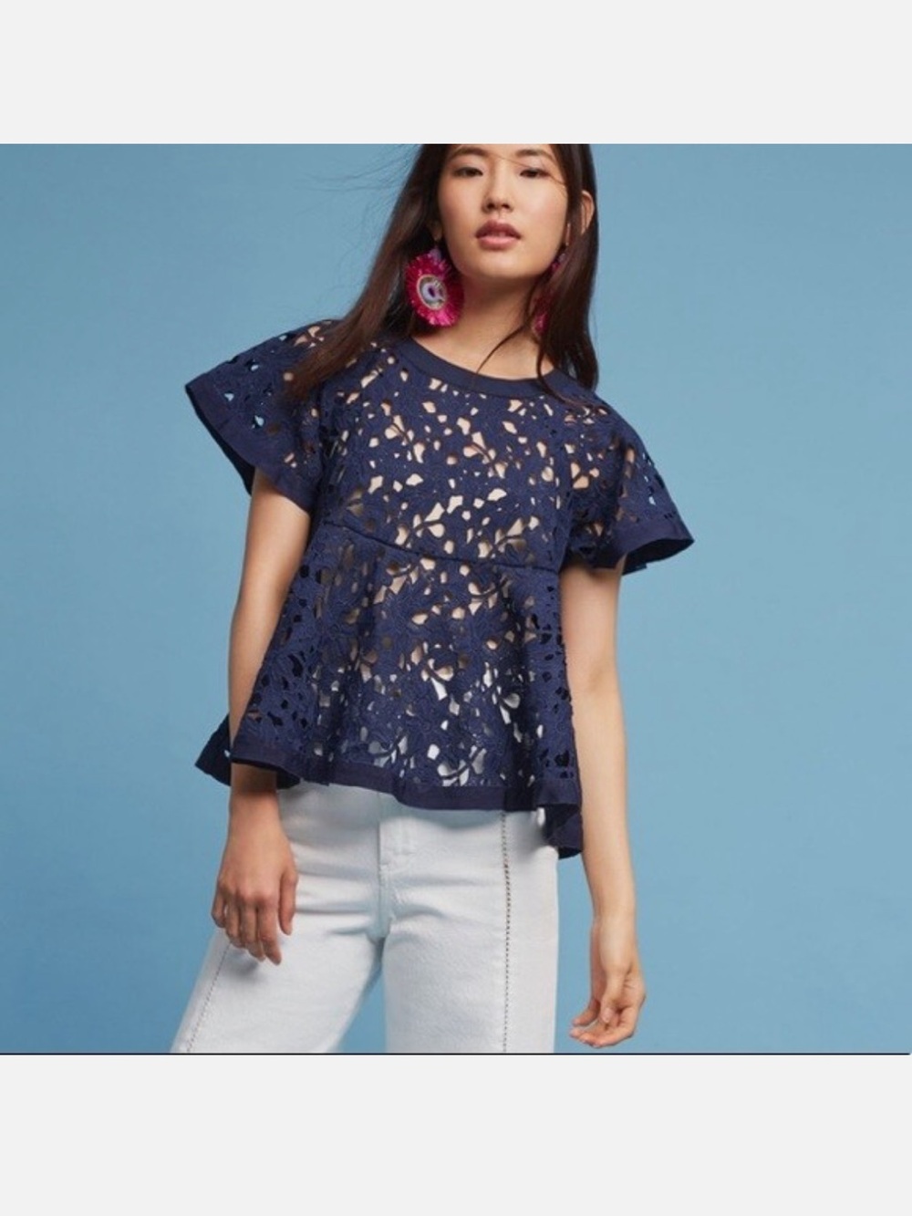 Anthropologie Navy Floral Lace Peplum Tee